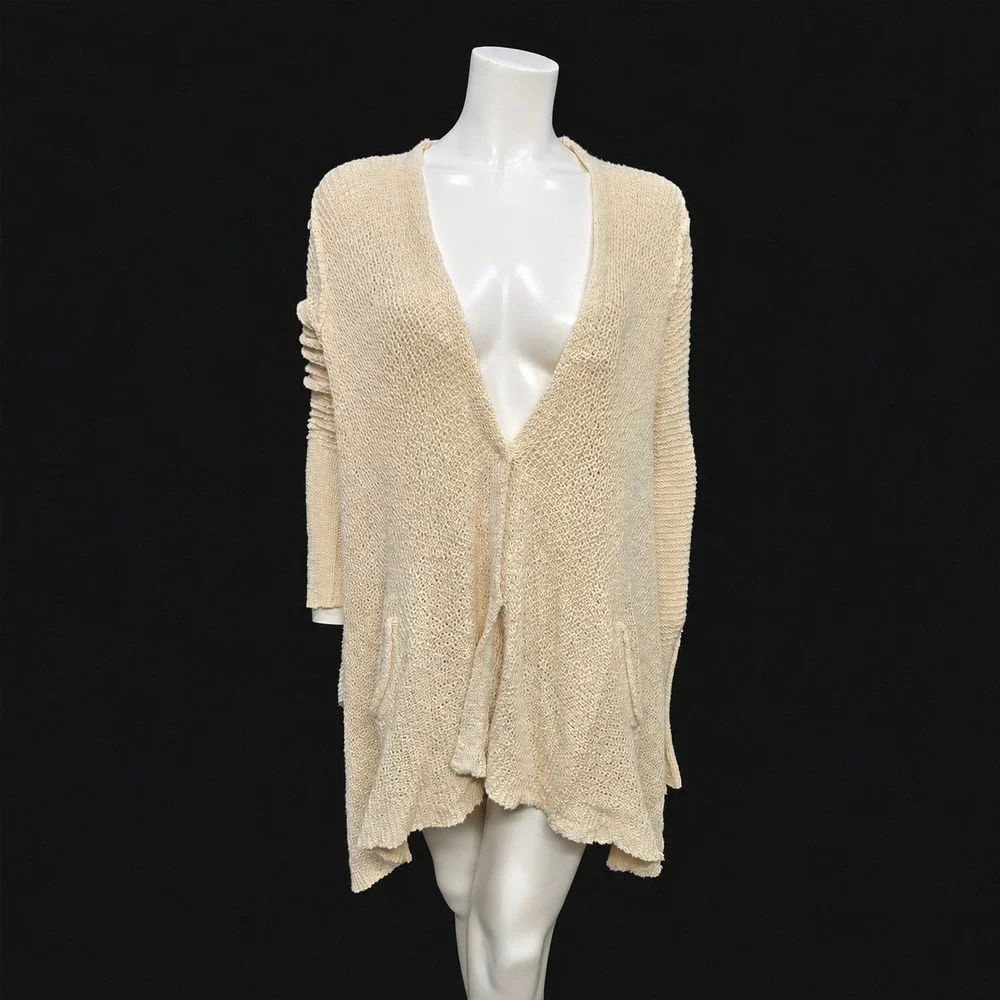 Free People Cardigan XS Cream Oversized Open Knit Draped Handkerchief Hem Pocket